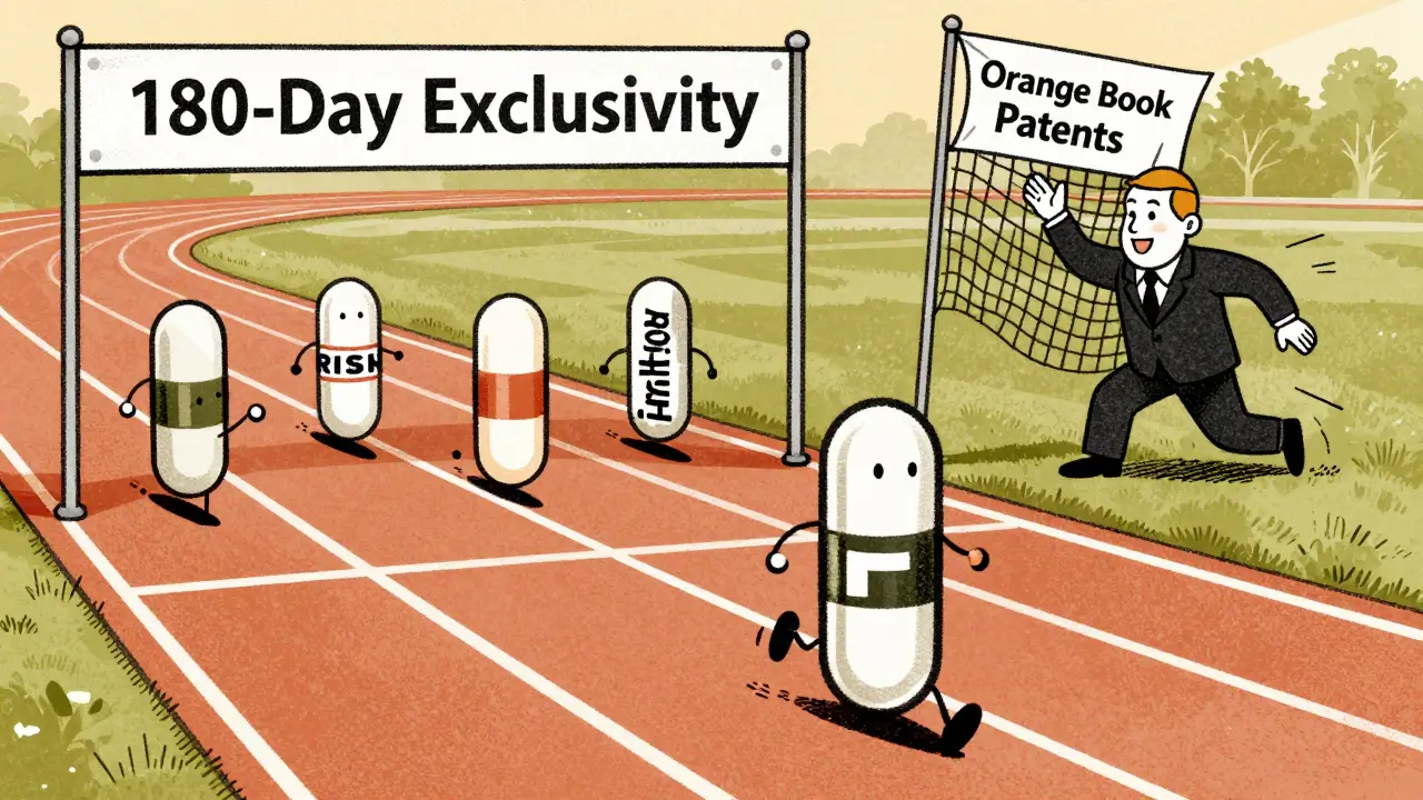 Generic drug capsules racing for 180-day exclusivity, with a brand drug blocking the path.