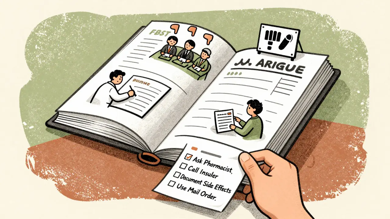 Open formulary book revealing decision-making scenes: committee voting, prescription writing, and patient action steps.