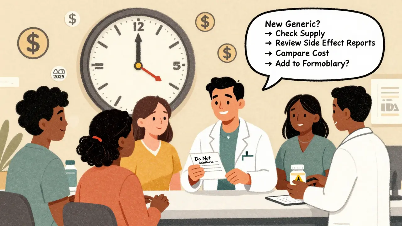 Patient and pharmacist at counter with 'Do Not Substitute' prescription, surrounded by formulary decision flowchart and 2025 timeline.