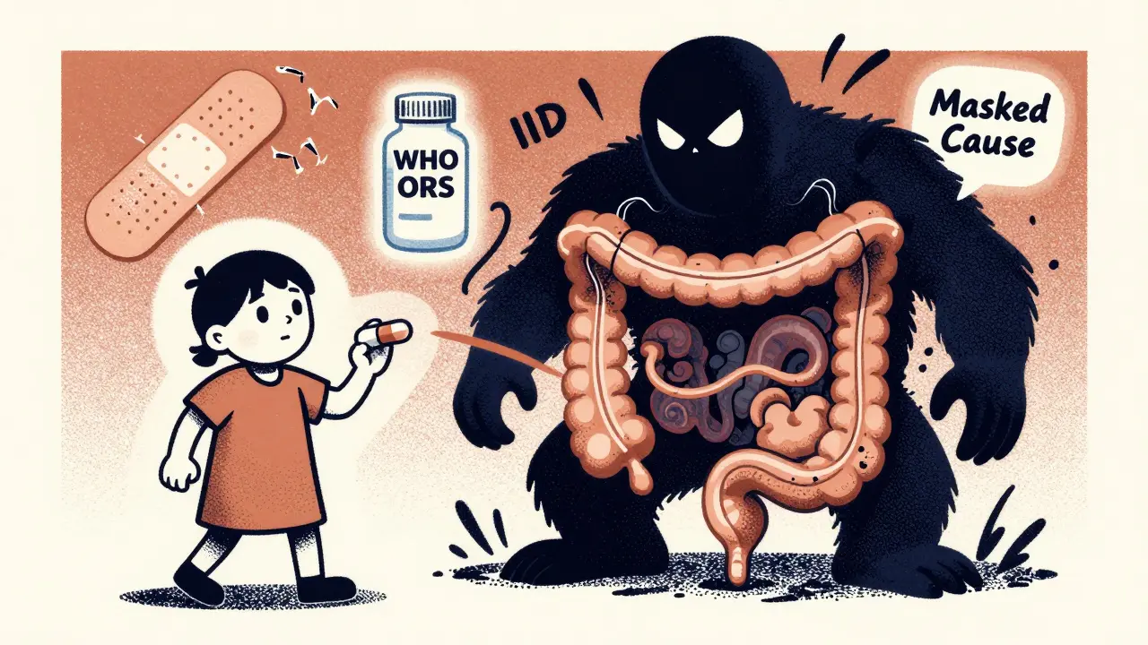 Patient battling a shadowy figure representing chronic diarrhea causes, with loperamide pill in hand