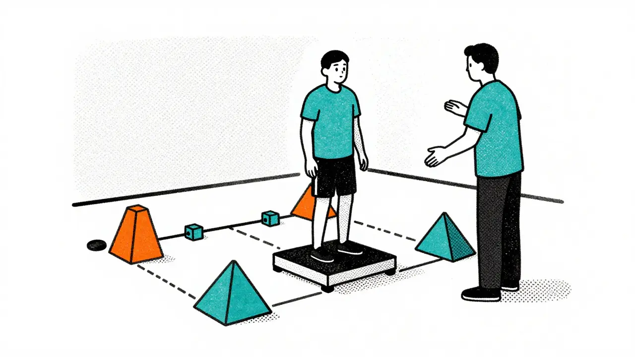 Patient doing balance therapy with a physical therapist guide.