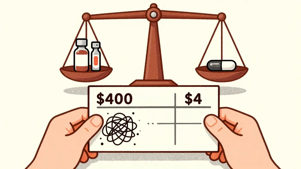 Patient holding prescription with 0 and  price tags, balanced by biologic and generic drugs.