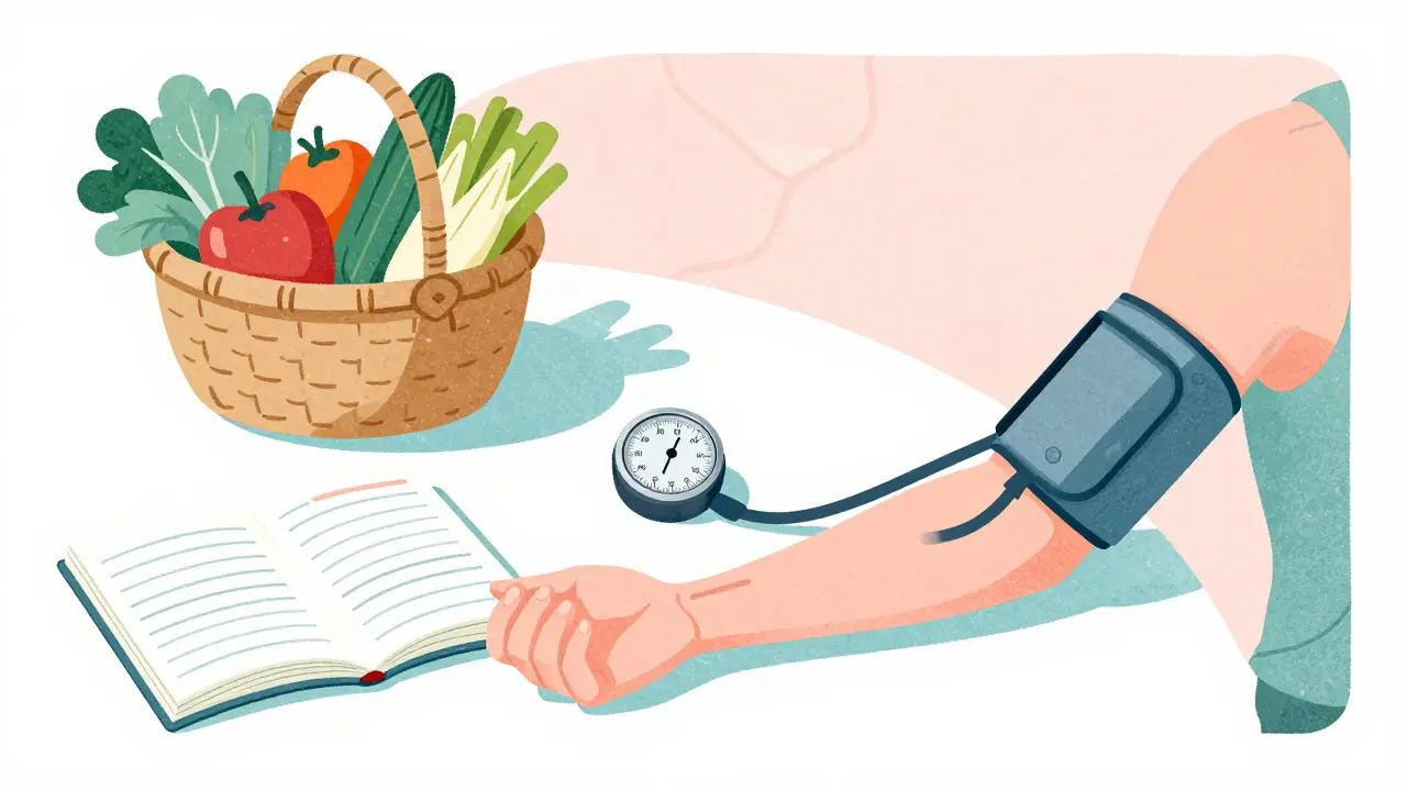 Patient using blood pressure cuff with vegetables.