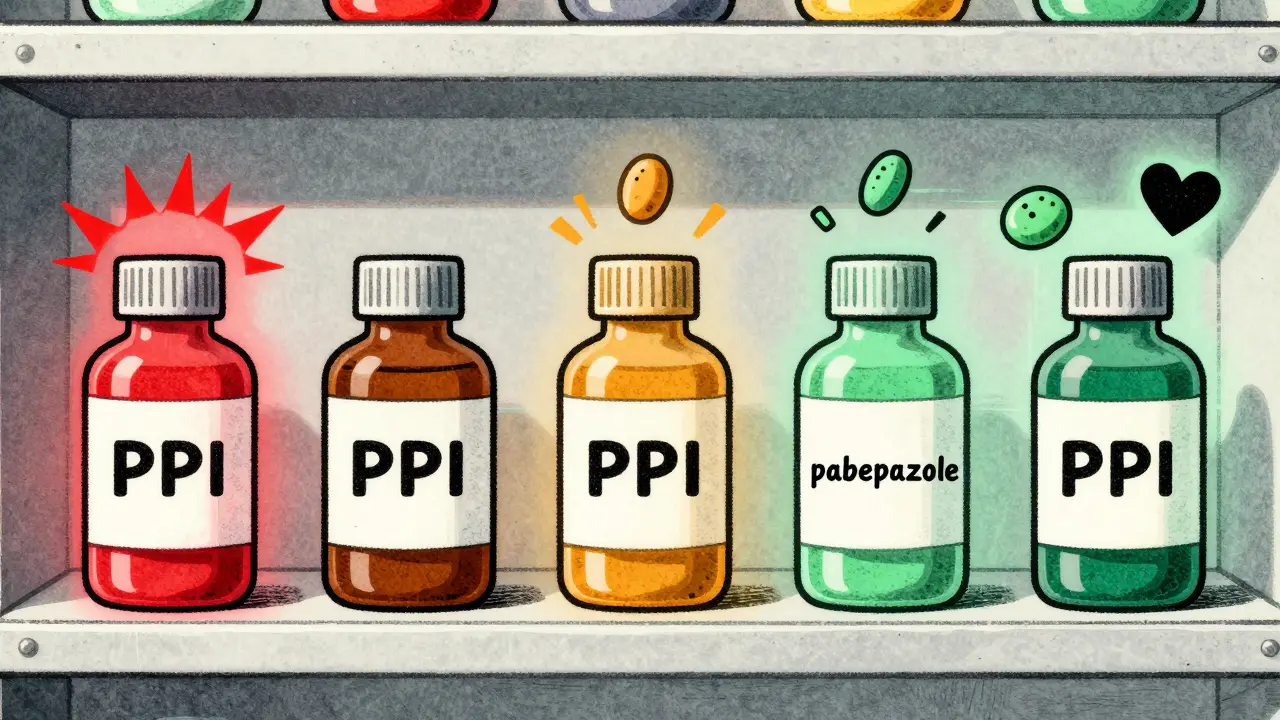 PPI bottles on a shelf with color-coded risks: red for omeprazole, green for safer pantoprazole and rabeprazole.