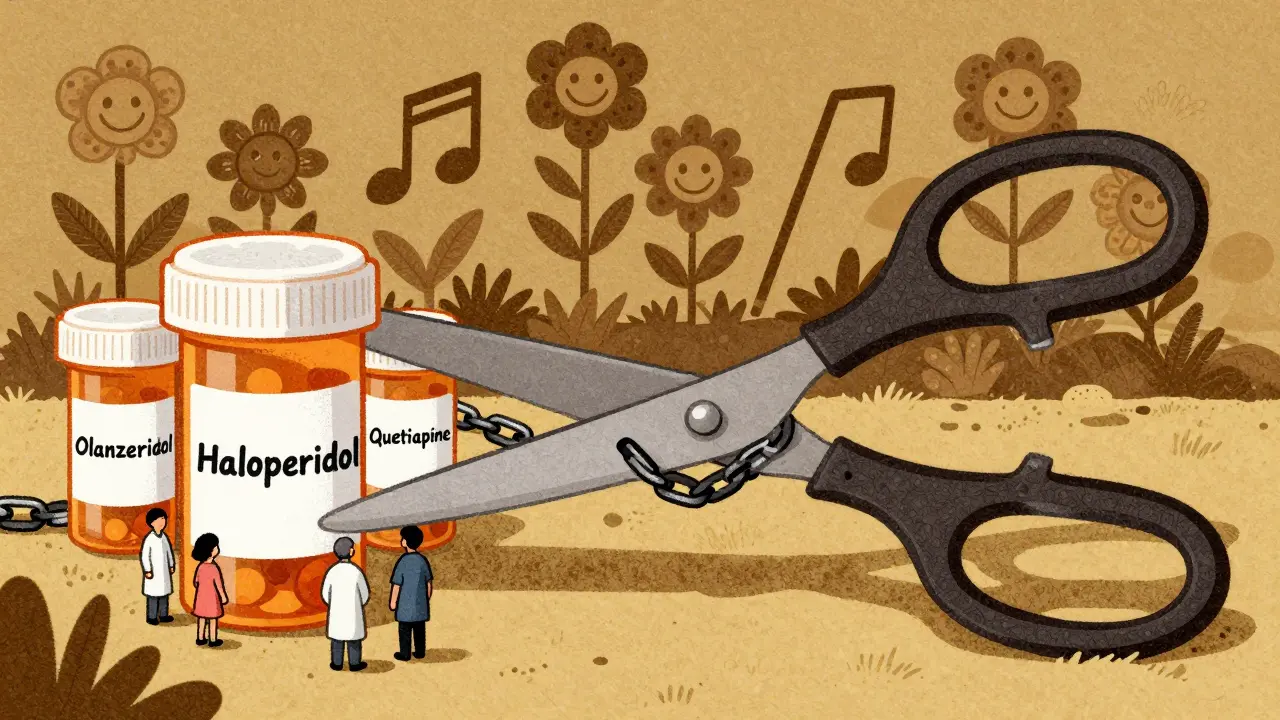 Scissors cutting a chain of antipsychotic pills as a garden of compassionate care alternatives grows behind them.