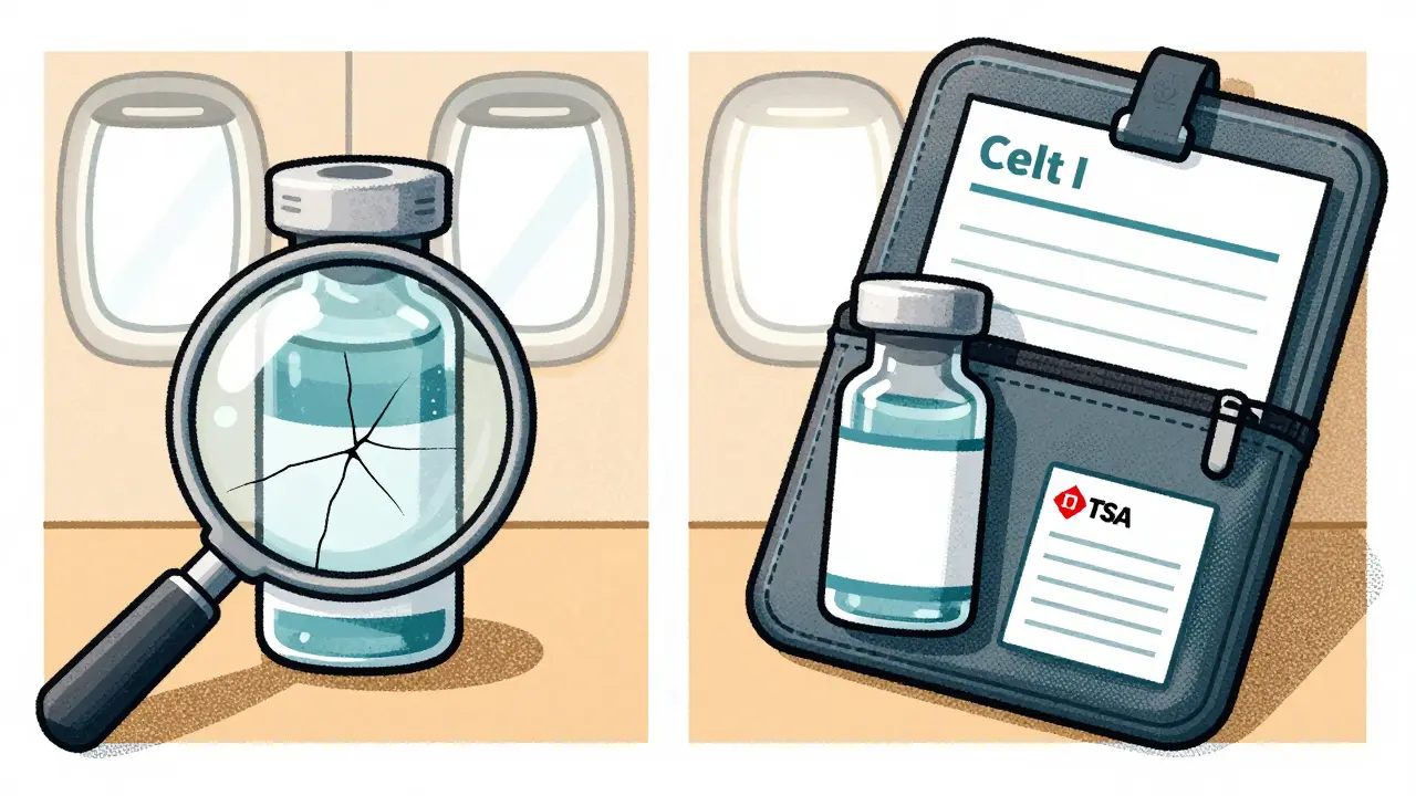 Side-by-side comparison of degraded and safe insulin vials, with cooling wallet and doctor's letter nearby.