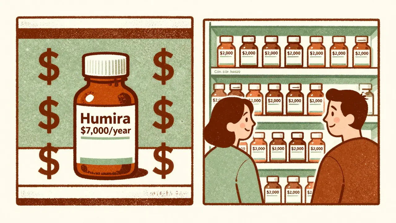 U.S. and European pharmacy shelves side by side: one with a ,000 biologic, the other with affordable biosimilars and happy patients.
