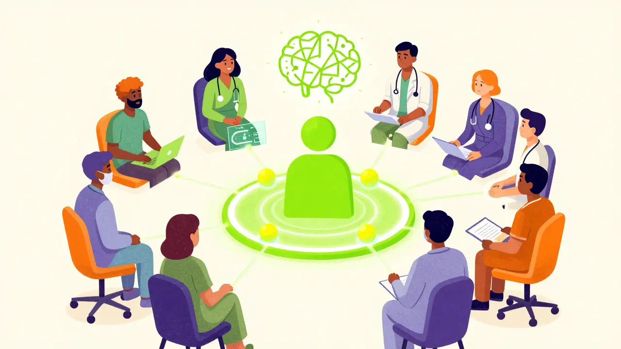 A care coordinator connecting a team of doctors and an AI interface in a vibrant, textured style.