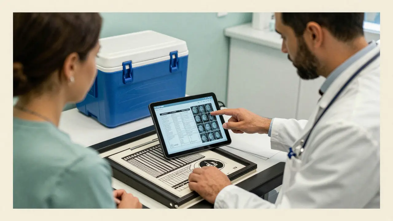 A doctor and patient discussing medication options next to a medical refrigerator.