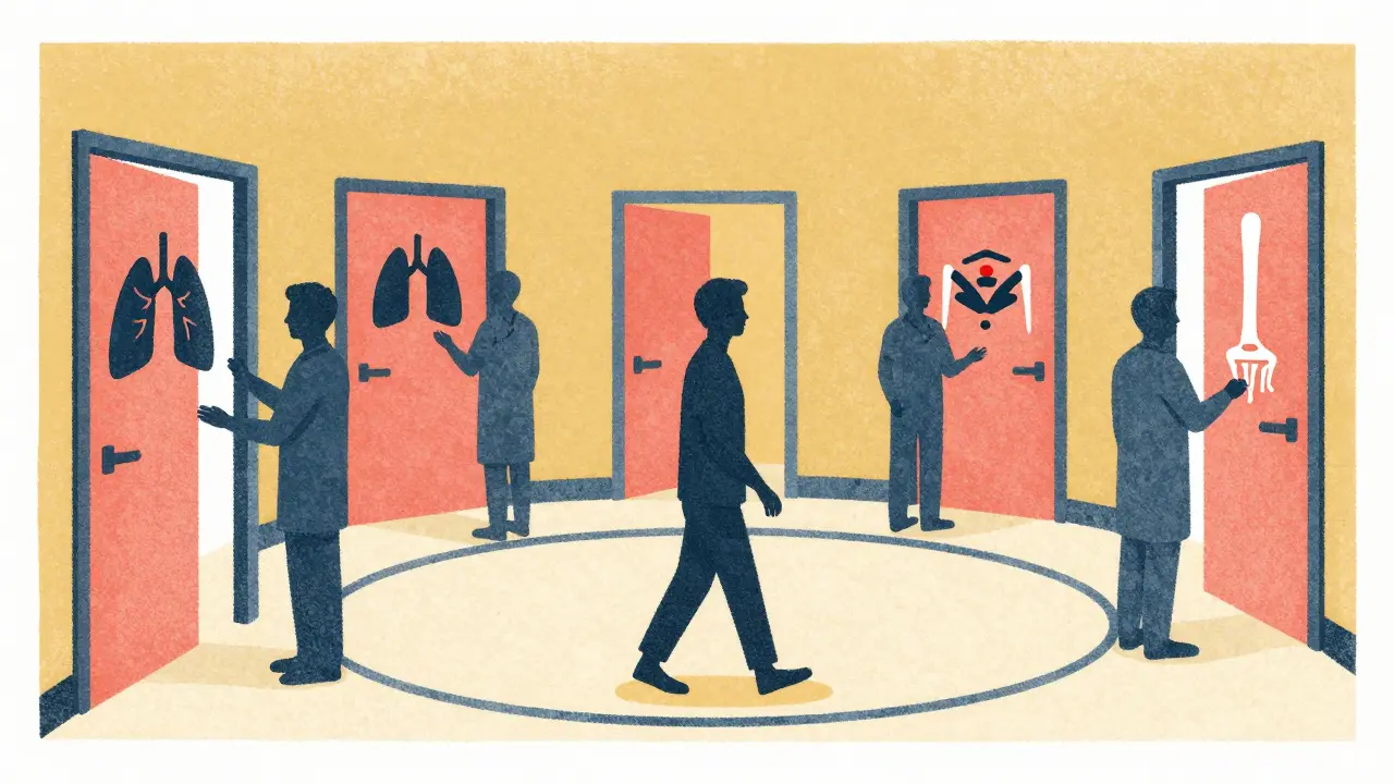 A patient walking in a circle between different medical specialists in a grainy, colorful illustration.