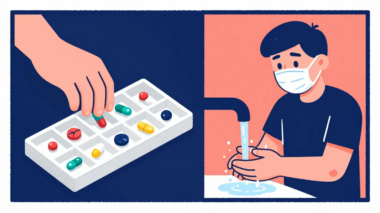 A person using a pill organizer and wearing a mask for safety in a risograph art style.