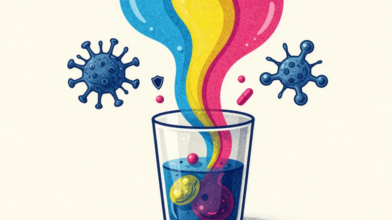 Abstract illustration of different medication classes merging to suppress the immune system.