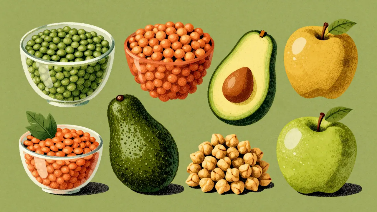Collection of high-fiber foods including lentils, chickpeas, and avocado in risograph art