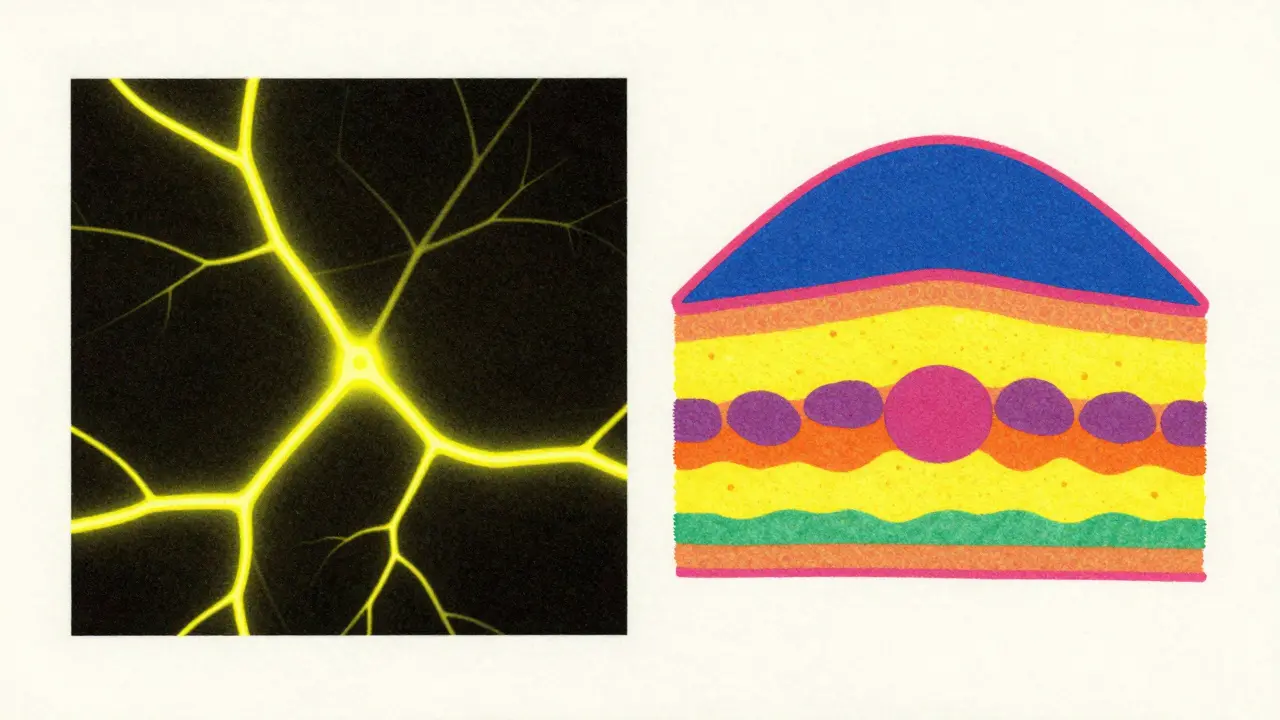 Comparison of glowing retinal blood vessels and layered retinal anatomy in Risograph style