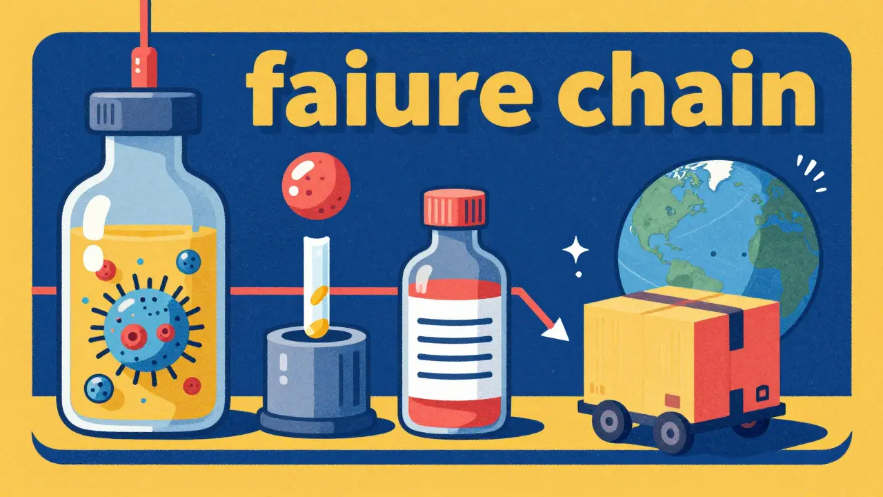 Conceptual sequence of pharmaceutical manufacturing errors including contamination and mislabeling.