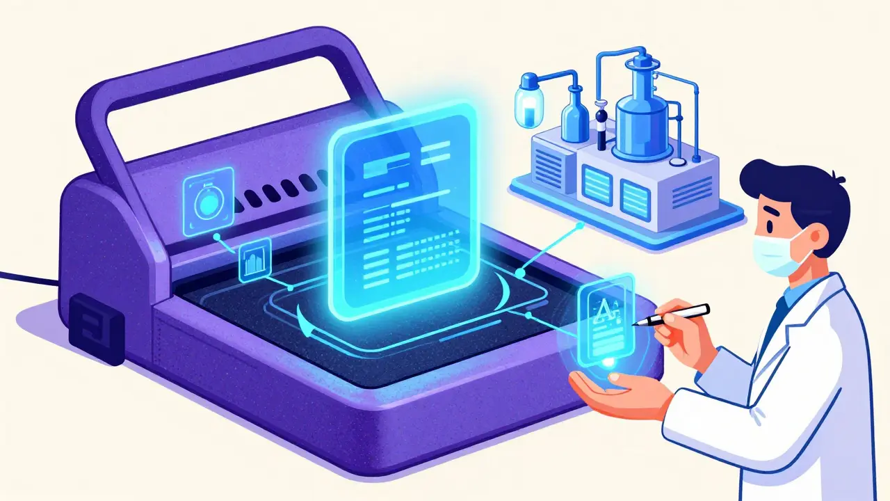 Digital blockchain and AI nodes connecting a medicine factory to a pharmacist.