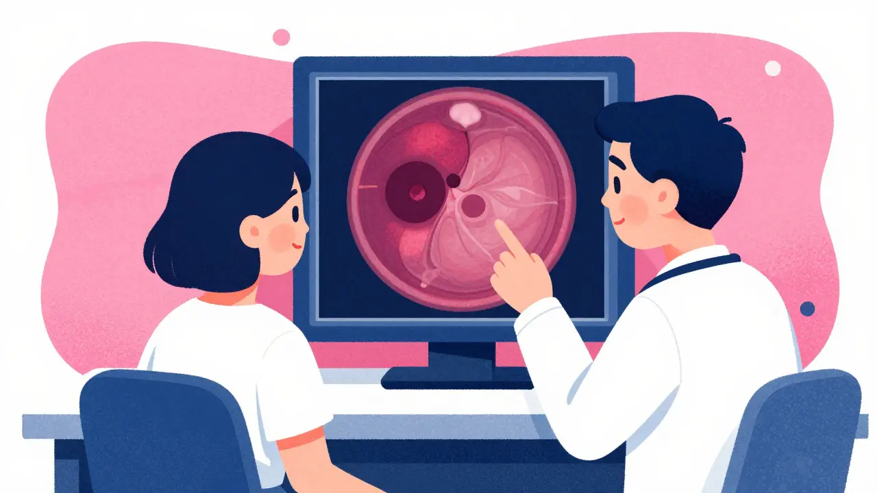 Doctor and patient reviewing a retinal cross-section scan on a screen in Risograph style