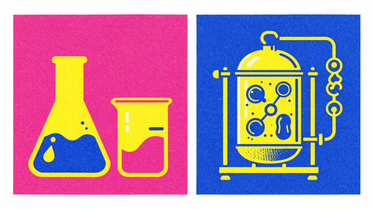Illustration of a chemical flask and a biological bioreactor showing drug manufacturing methods.