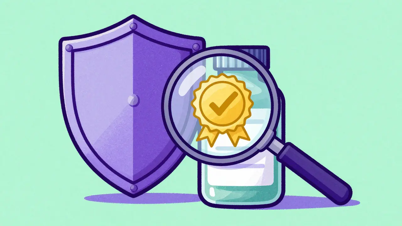 Magnifying glass inspecting a medicine bottle for a safety seal of approval