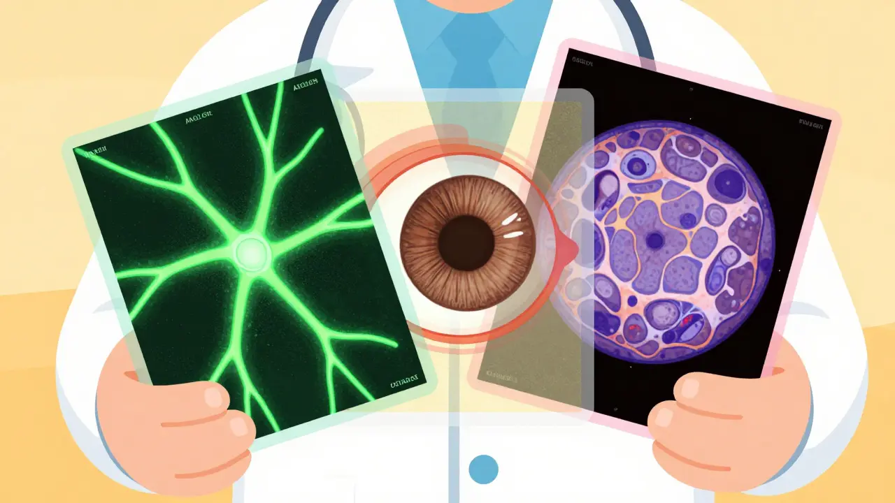 Overlapping layers of different eye scans showing a multimodal diagnostic approach