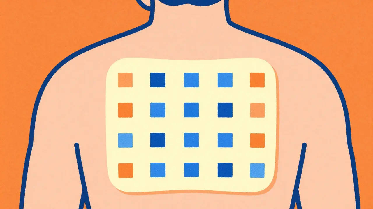 Risograph art showing a grid of medical test patches applied to a person's back.