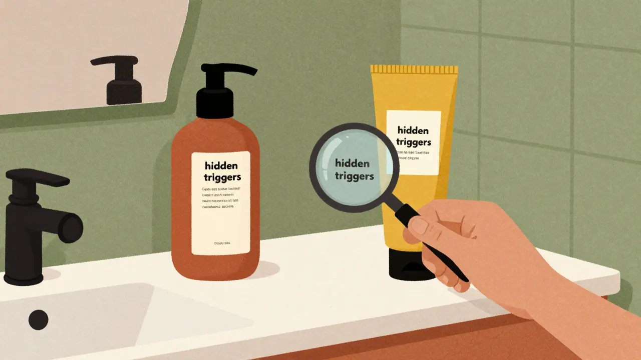 Risograph illustration of skincare products being examined with magnifying glasses.