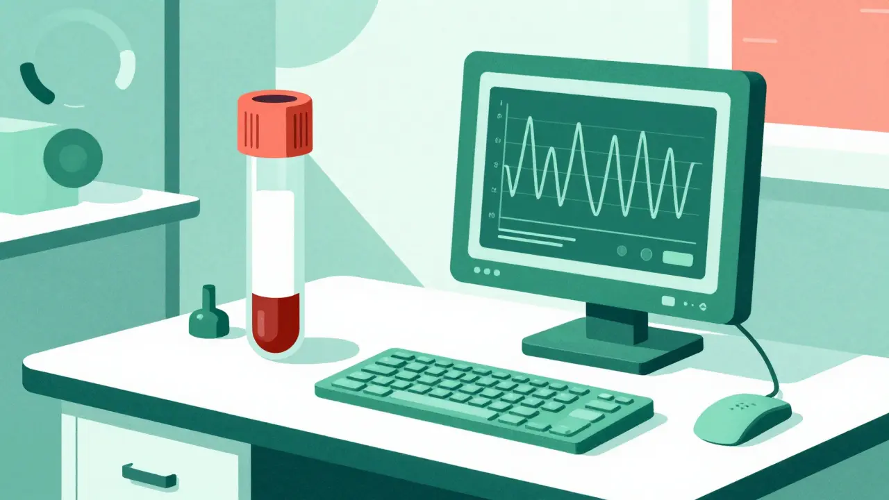 Stylized blood sample and monitoring graph representing therapeutic drug monitoring