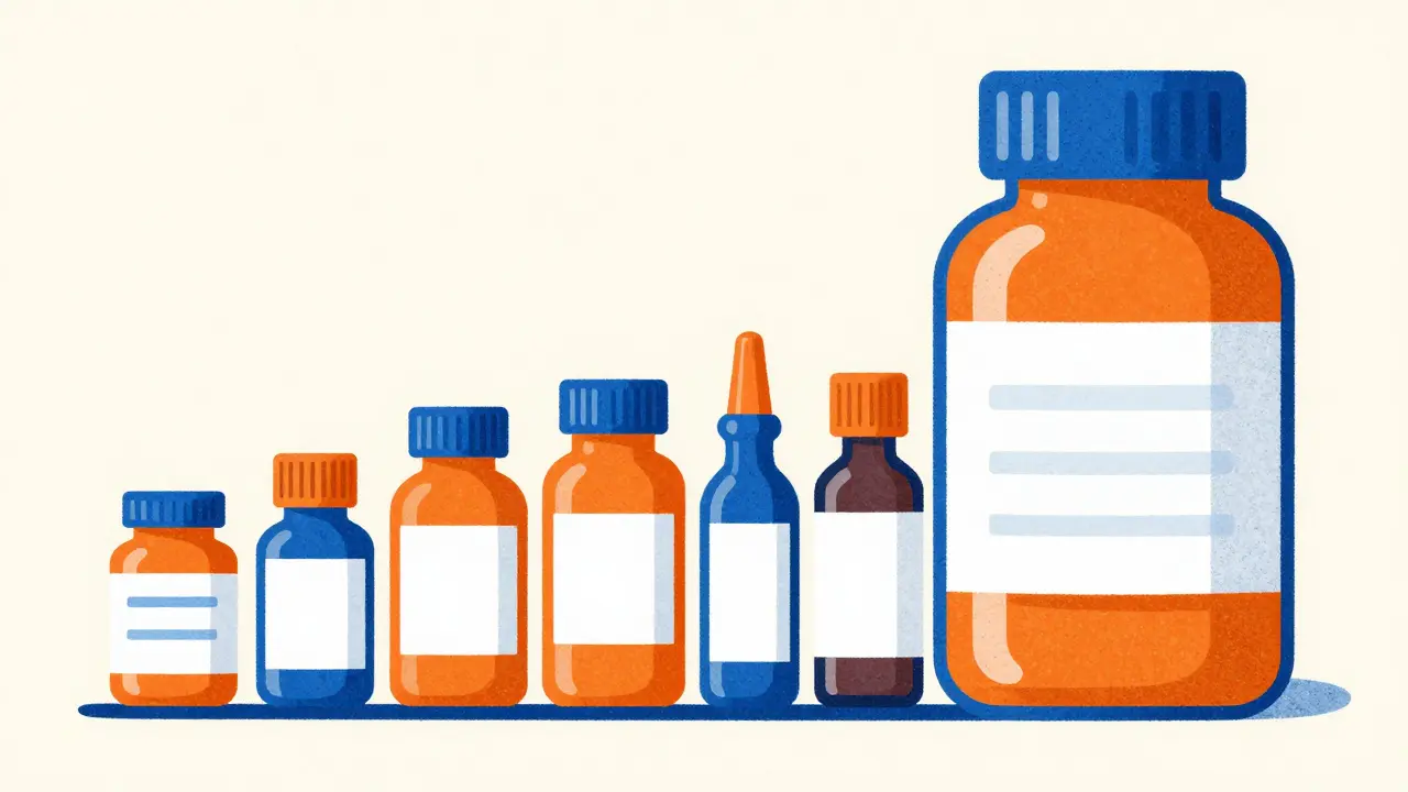 Stylized medicine bottles representing different pricing models and bulk options