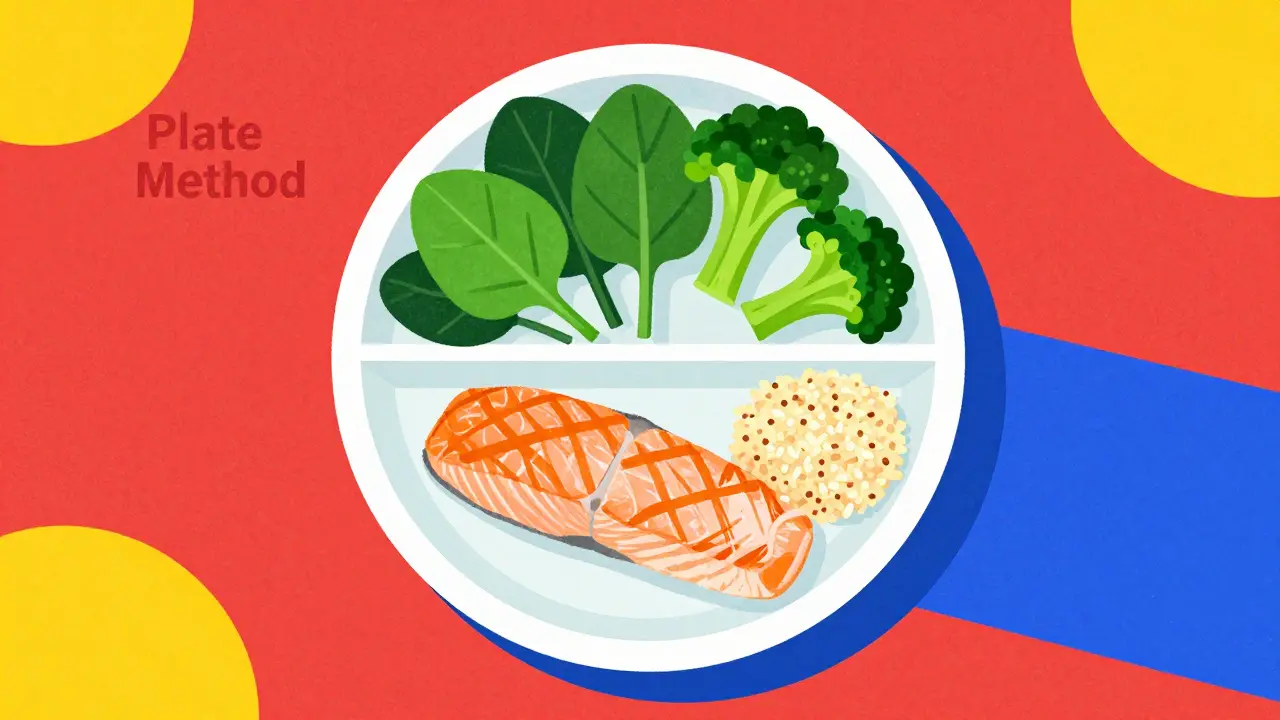 Top-down view of a plate divided into vegetables, protein, and carbohydrates