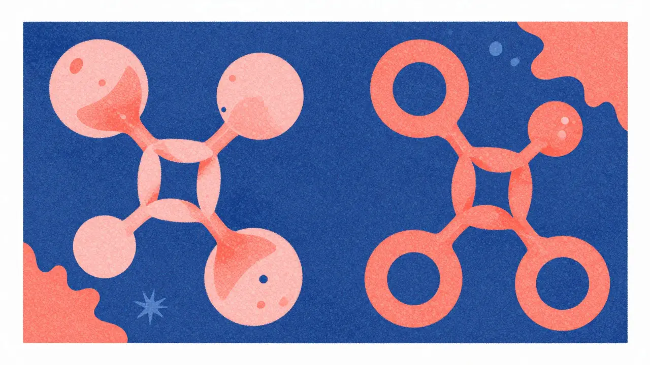 Two highly similar complex protein molecules shown side by side in risograph style.